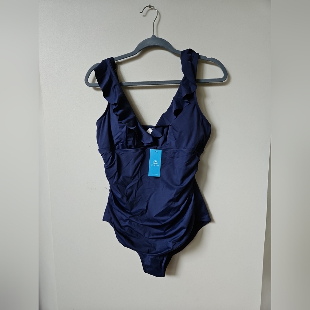 One Piece Swimsuit XL Cupshe Ruffle V Neck Women's  Navy Blue Tummy Control NWT